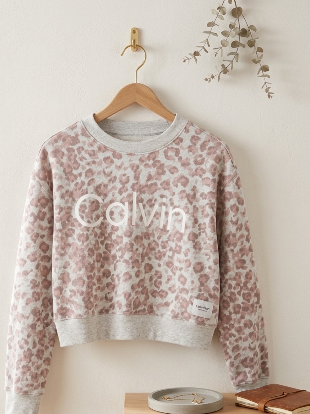 Calvin Klein Gray and Dusty Pink Leopard Logo Sweatshirt